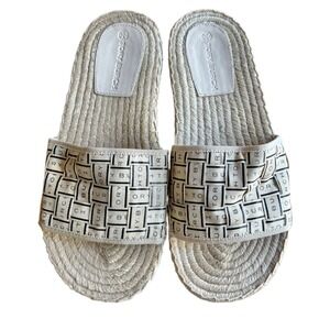 $198 TORY BURCH Logo Woven Canvas & Rope Espadrille Slide Sandals Beige SZ 8 EUC